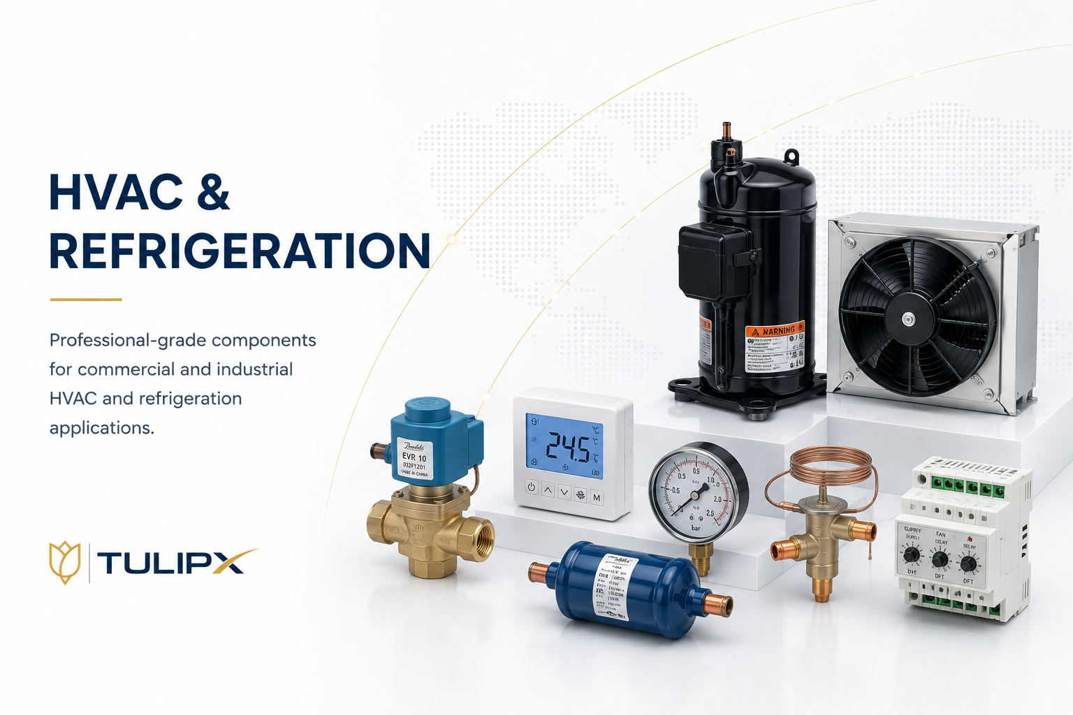 Componentes profesionales de HVAC y refrigeración, incluyendo compresores, termómetro digital, manómetro, válvula, filtro y controlador, sobre fondo blanco con mapa del mundo y texto en inglés.