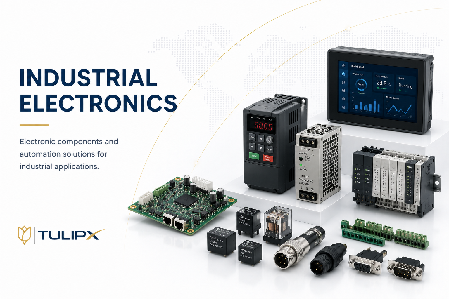 Componentes electrónicos industriales y soluciones de automatización para aplicaciones industriales, incluyendo placas de circuito, relés, módulos, cables de conexión y pantallas digitales.