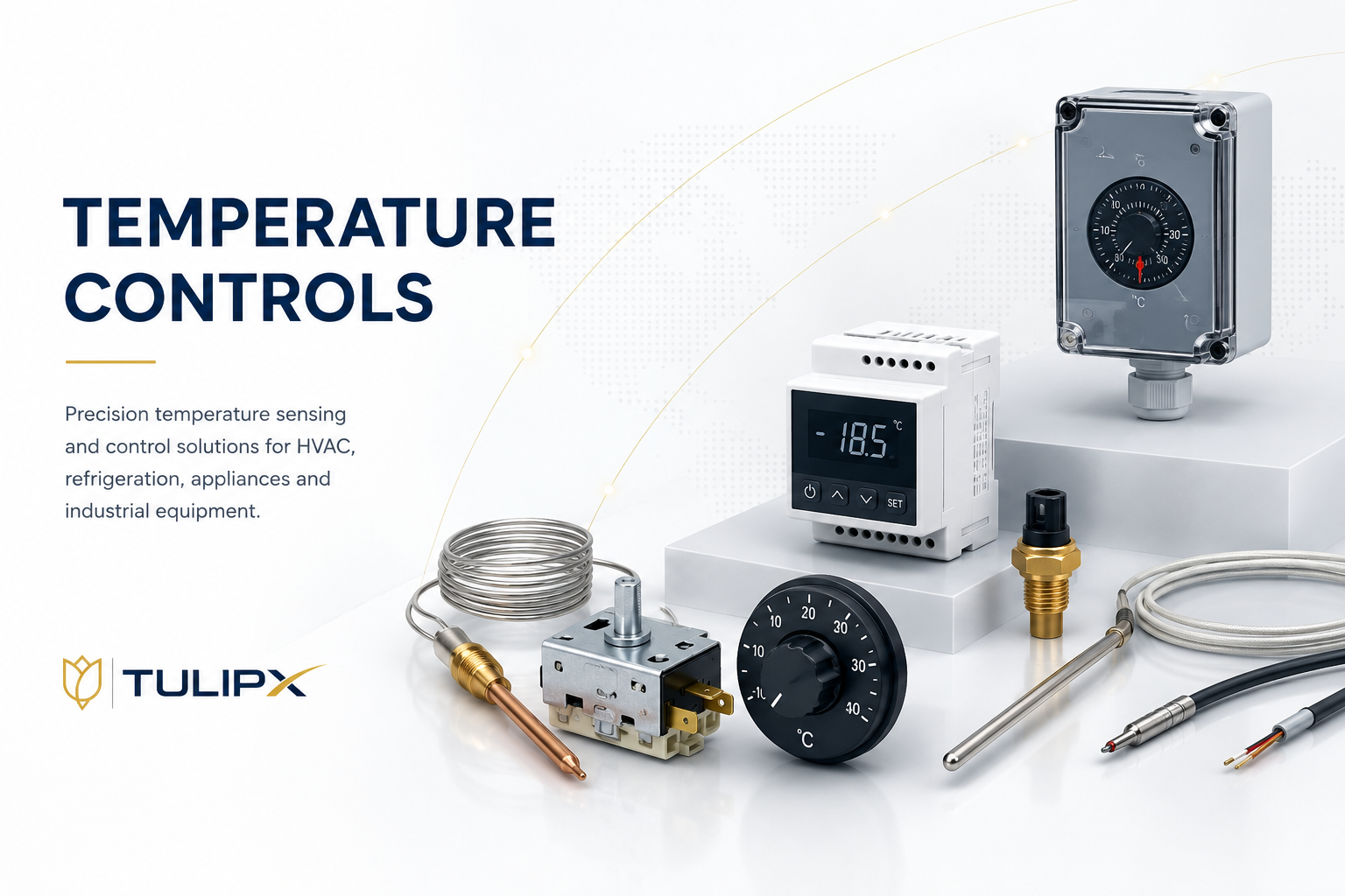 Diversos controles de temperatura y componentes electrónicos para monitoreo y regulación en sistemas industriales, incluyendo termostatos, sensores y dial ajustable.