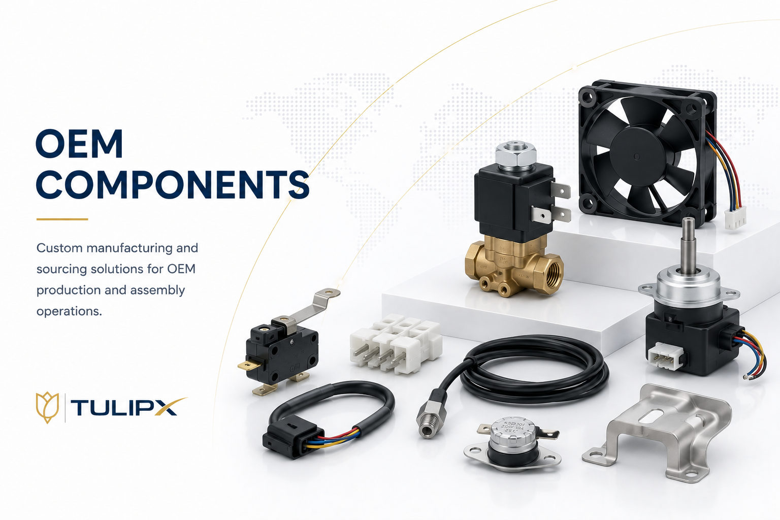 Imagen con componentes de piezas mecánicas y eléctricas, incluyendo un ventilador, válvula, cableado, y piezas de metal usadas en manufactura de OEM.