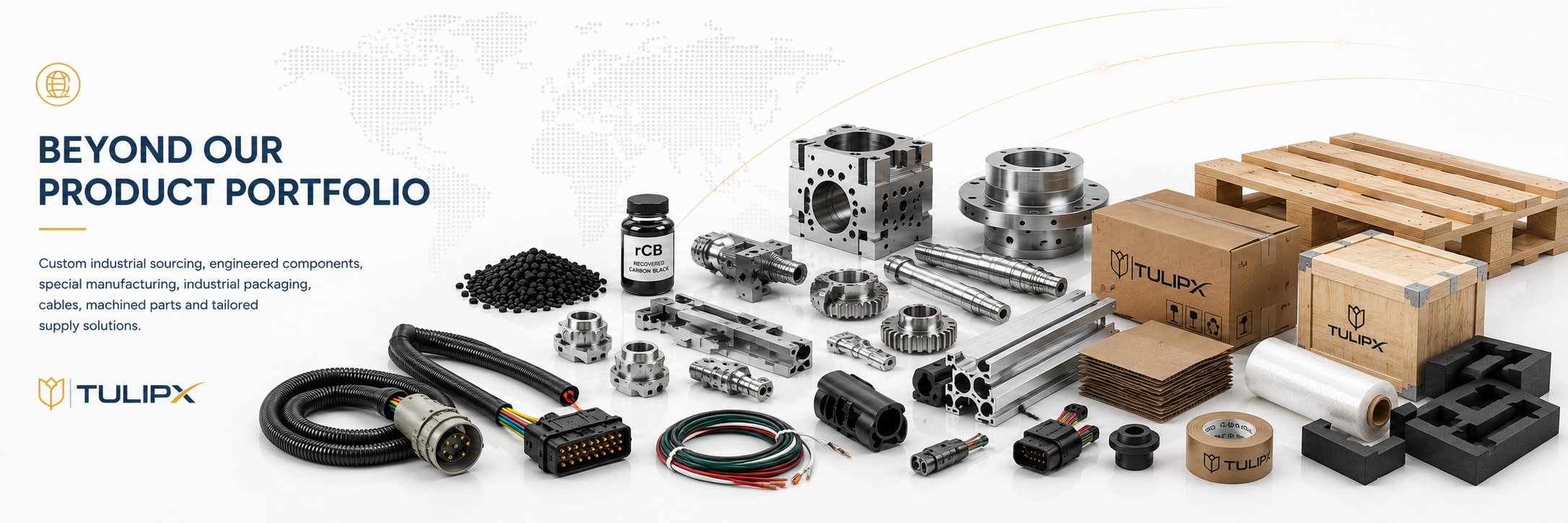 Diversos componentes mecánicos y electrónicos de maquinaria, incluyendo cables, engranajes, rodamientos, bloques de metal, cajas de cartón con el logotipo TulipX, palets de madera, rollos de plástico, y otros suministros industriales, en un fondo blanco con un mapa del mundo difuso.