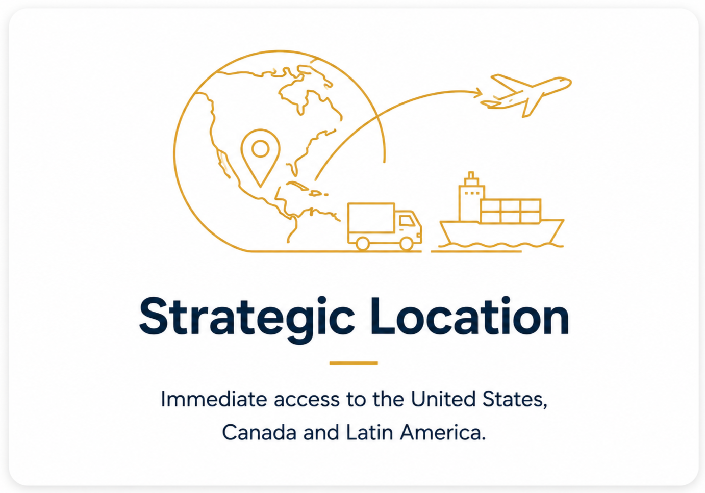 Iconos de un mundo, un avión, un camión y un barco, con el texto "Ubicación Estratégica" y una descripción de acceso inmediato a Estados Unidos, Canadá y América Latina.