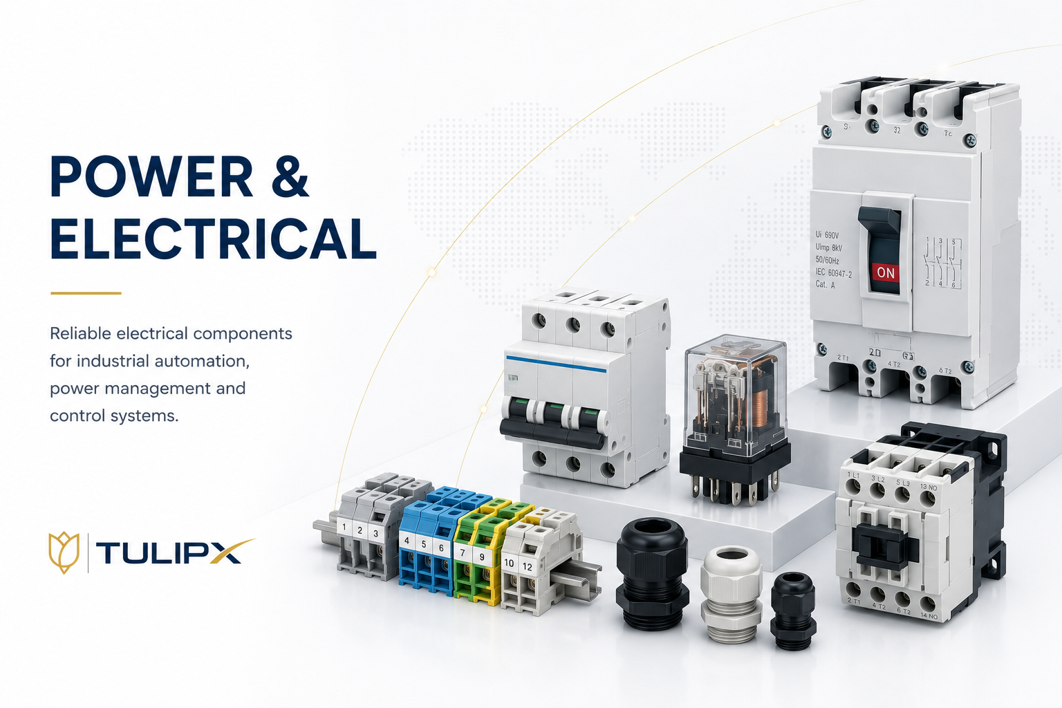 Componentes eléctricos confiables para automatización industrial y sistemas de control, incluyendo interruptores, relés y conectores, sobre fondo blanco con logotipo de TulipX.