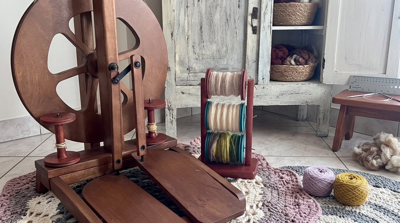 Un lanterna per cucire con bobine di filo colorato, alcune palline di filo colorate, e un tavolo in legno con accessori di tessitura su un tappeto. Sullo sfondo si vedono cassetti in legno e alcune scatole con lana.