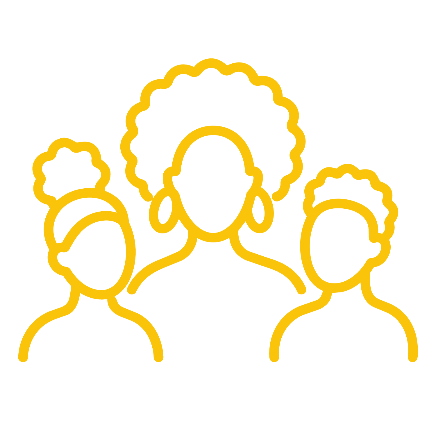Outline of four women with different hairstyles and earrings, depicted in a yellow line art style on a black background.