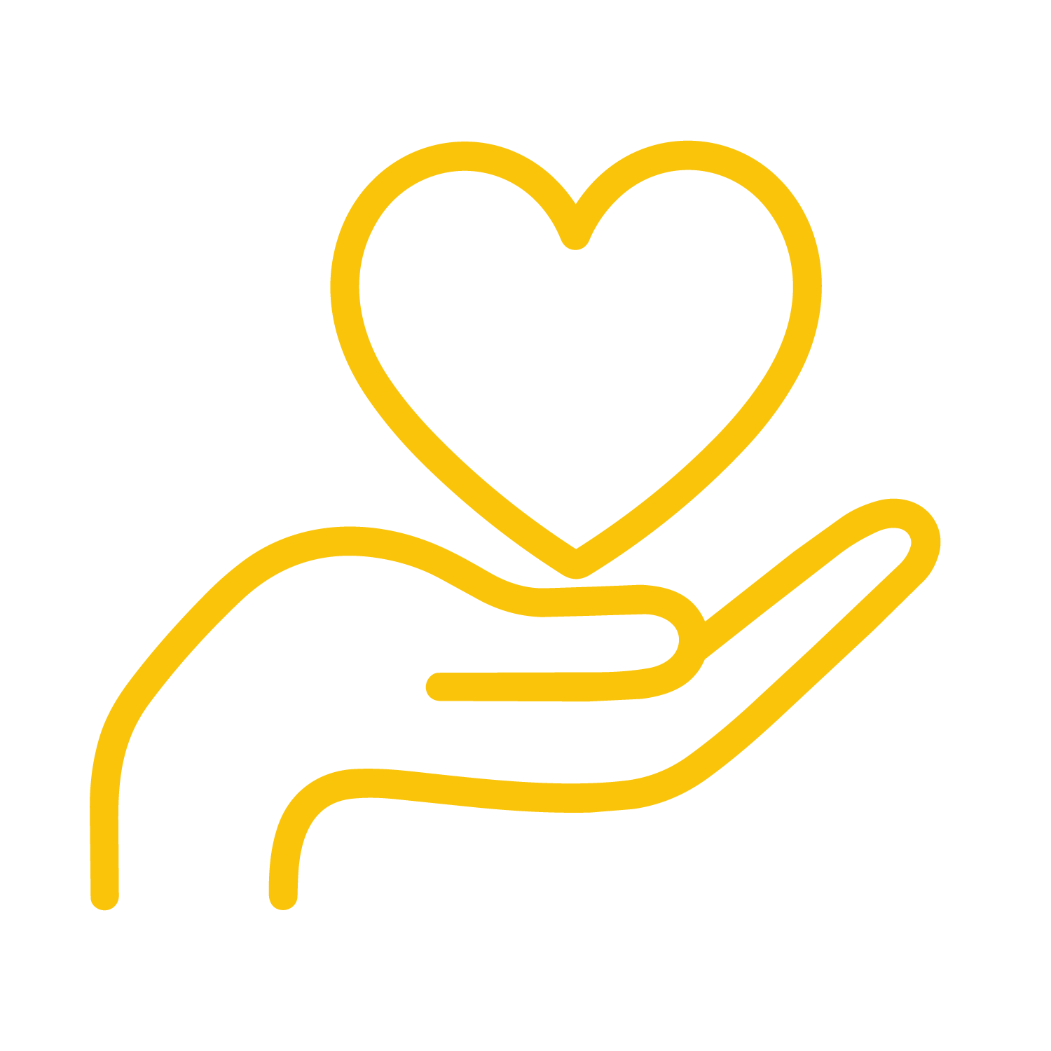 Outline drawing of a hand holding a heart, depicted with yellow lines on a black background.