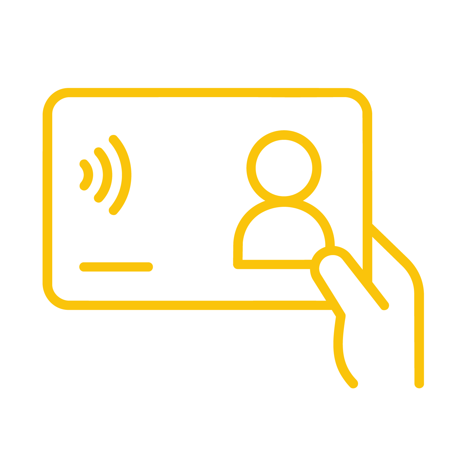 Illustration of a hand holding an ID card with a profile picture and wireless signal icon, in black and yellow colors.