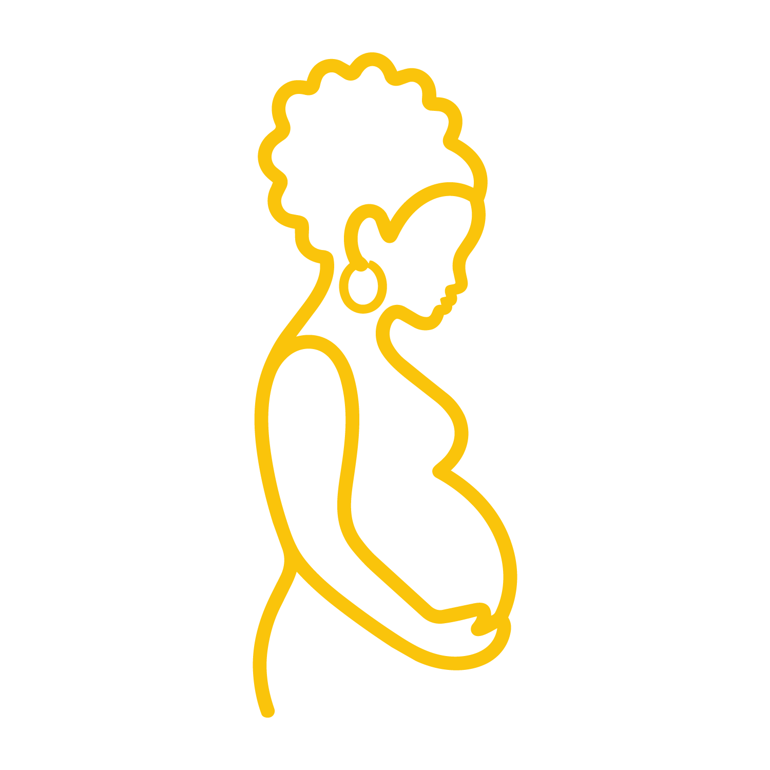 Yellow outline drawing of a woman with curly hair, holding a large flower close to her face, facing right, on a black background.