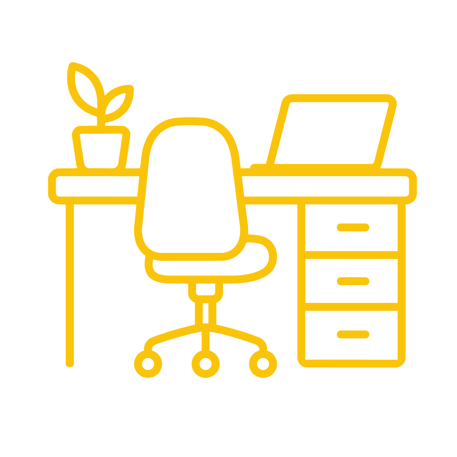 Icon of a desk with a computer, a chair, and a potted plant on the desk.