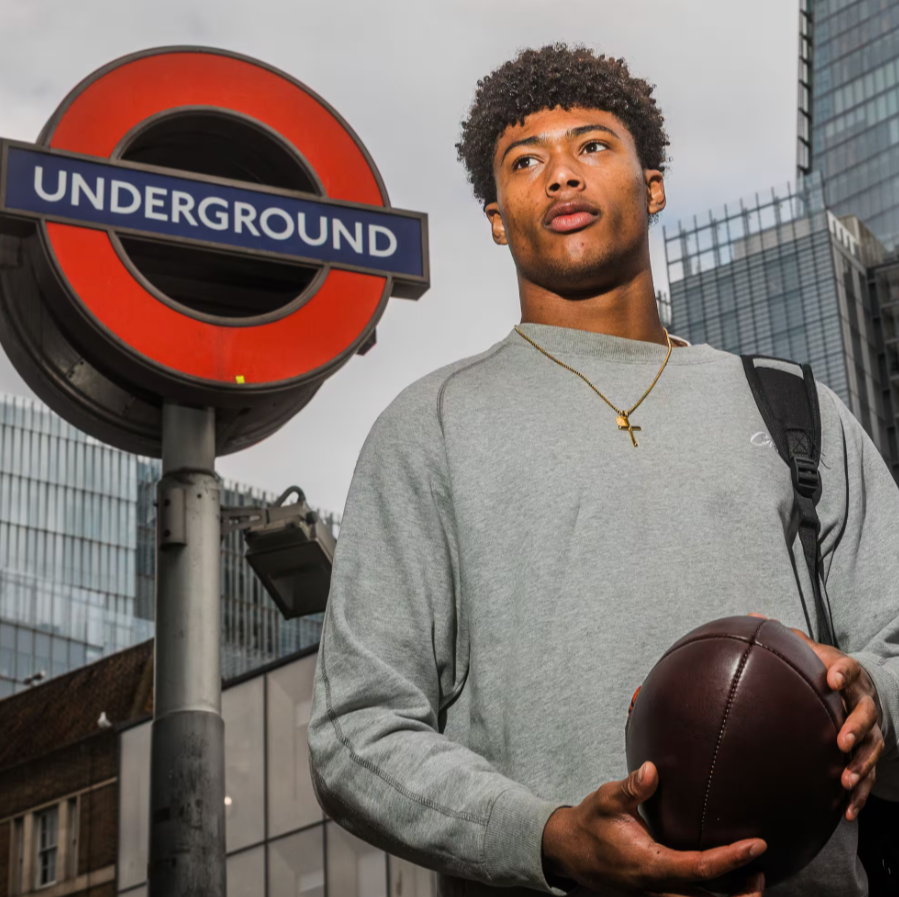 Noah Caluori, Saracens winger, at a London Underground station