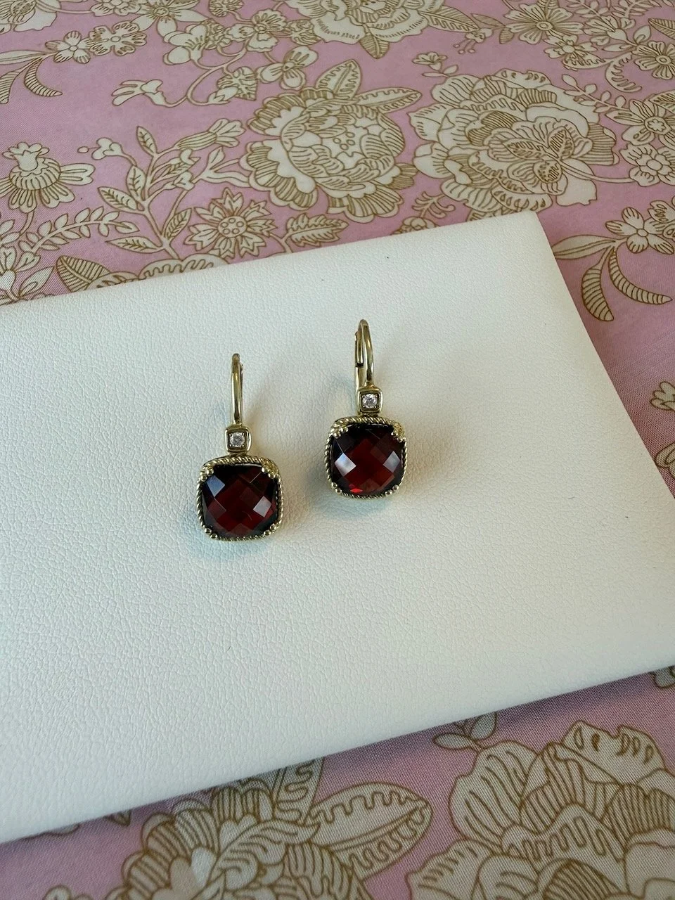 14k Gold Garnet and Diamond Leverback Earrings