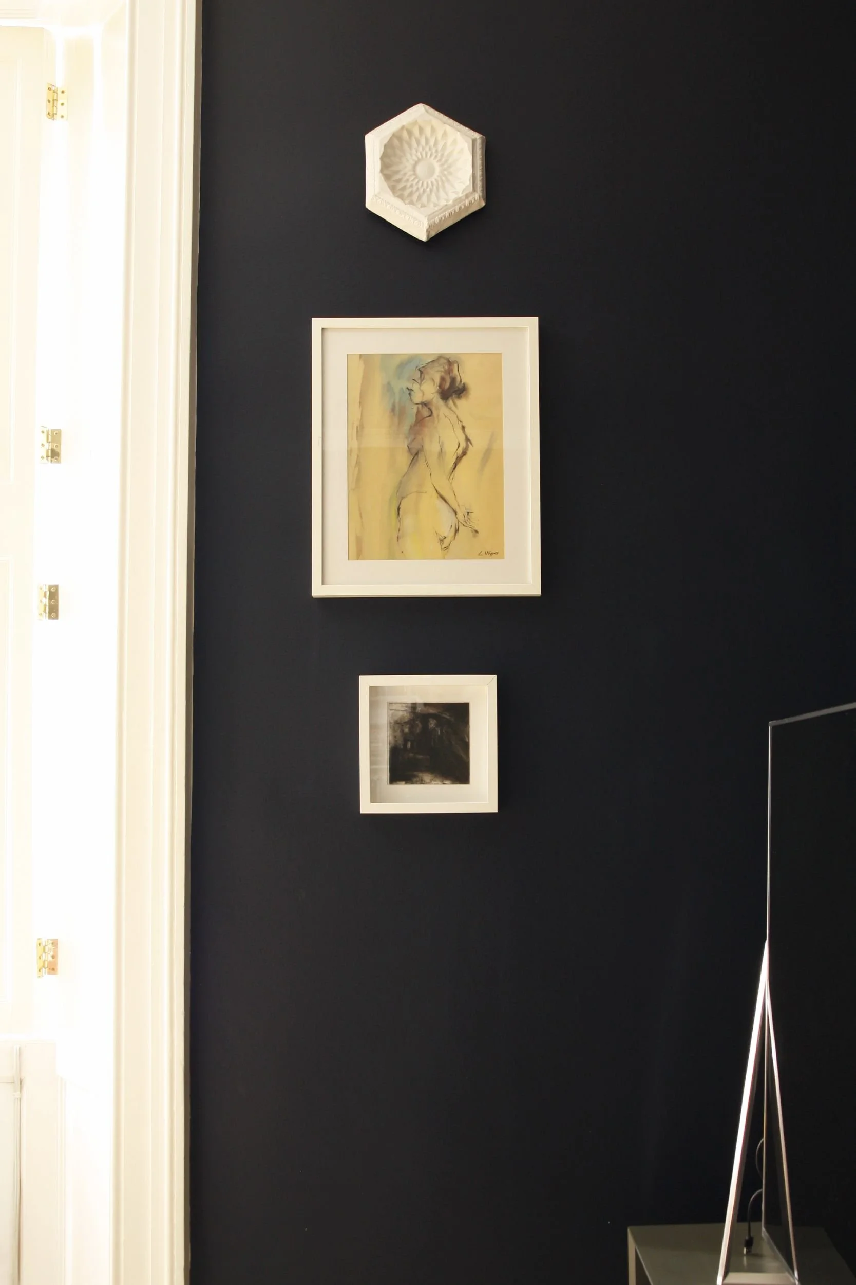 Trio Vertical Hang, works on paper and sculpture, Edinburgh New Town flat