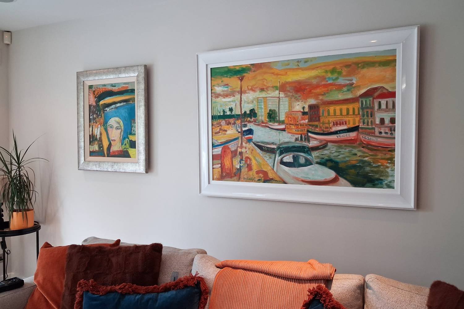 John Bellany oil paintings, hung in open plan living room, West Edinburgh