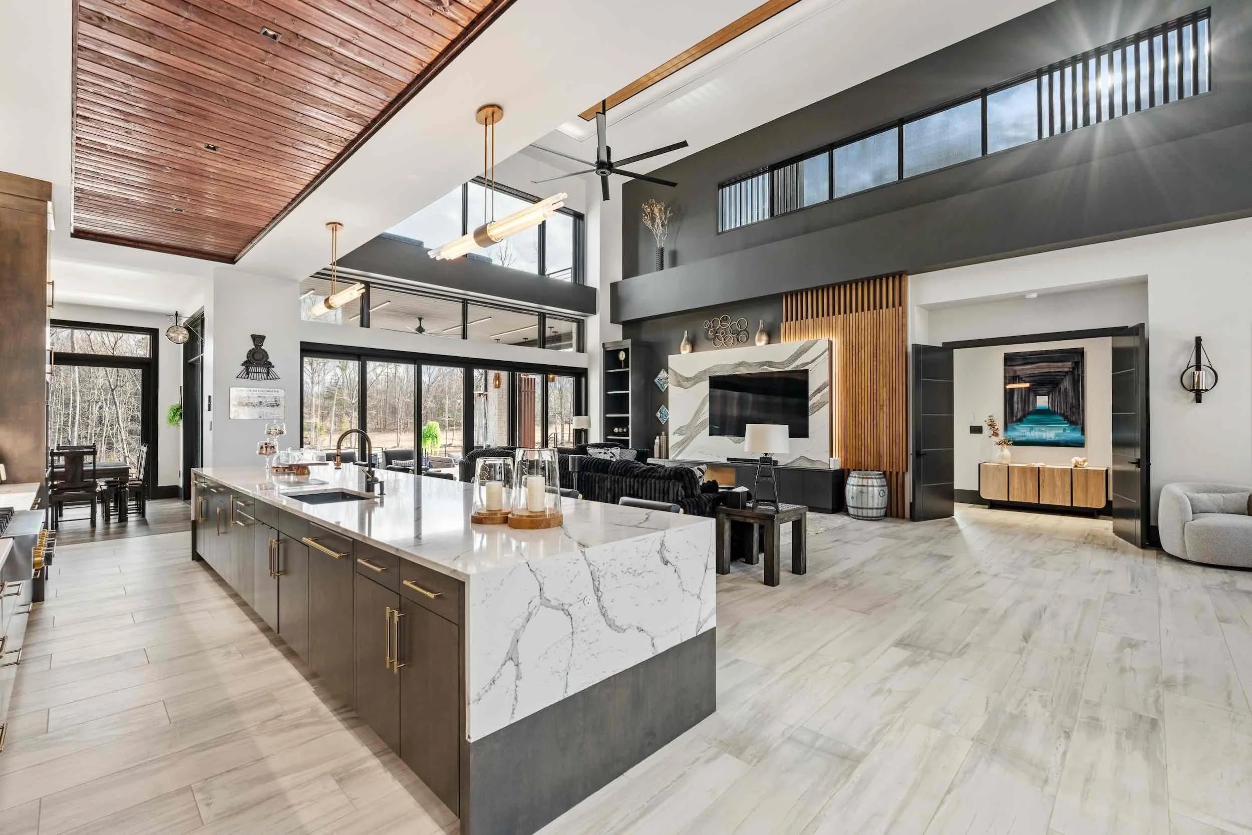 modern kitchen design in custom home with black and white accents