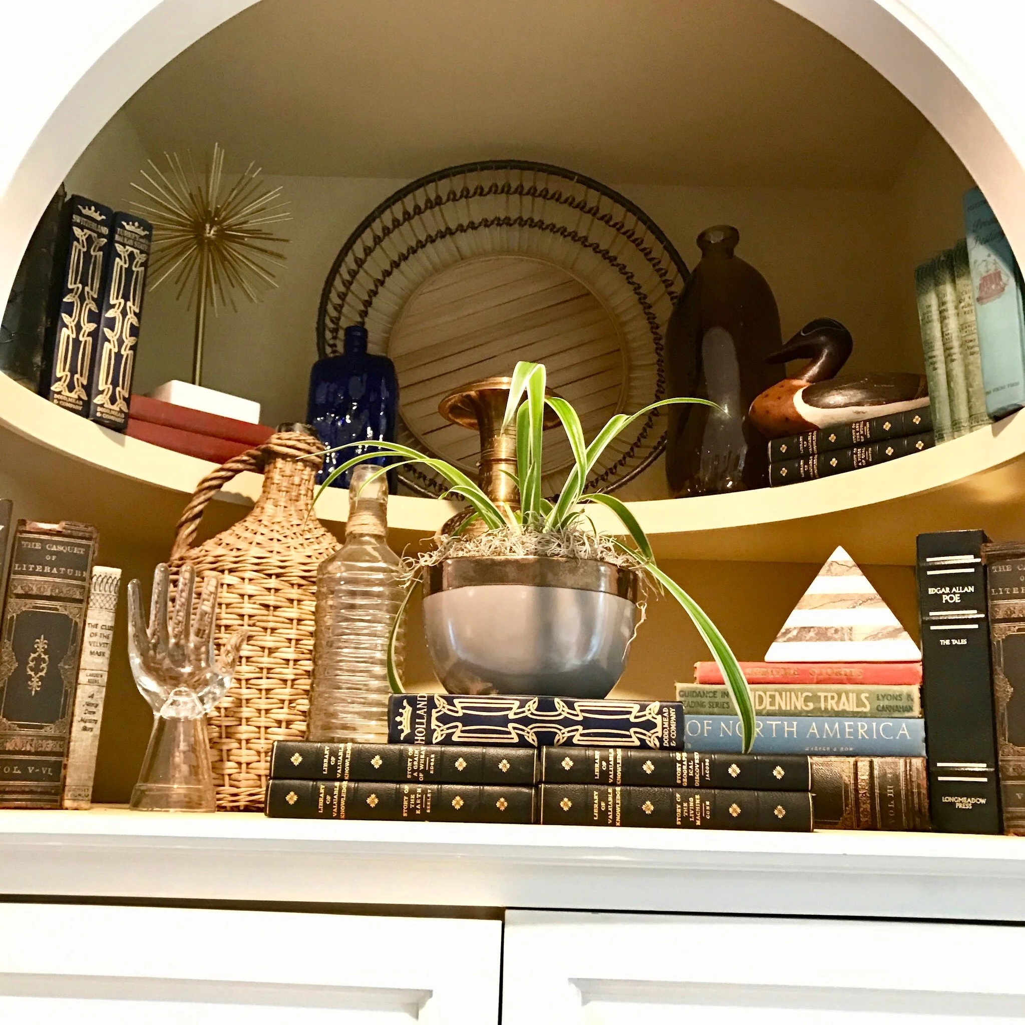 A cabinet shelf holding decorative items, books, and a potted plant. The decorative items include a blue bottle, a woven basket, and other small objects. There are also books with black covers and gold lettering.