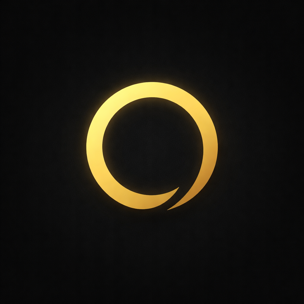 A glowing yellow or light gold circular logo on a black background, with a small notch at the bottom right of the circle.