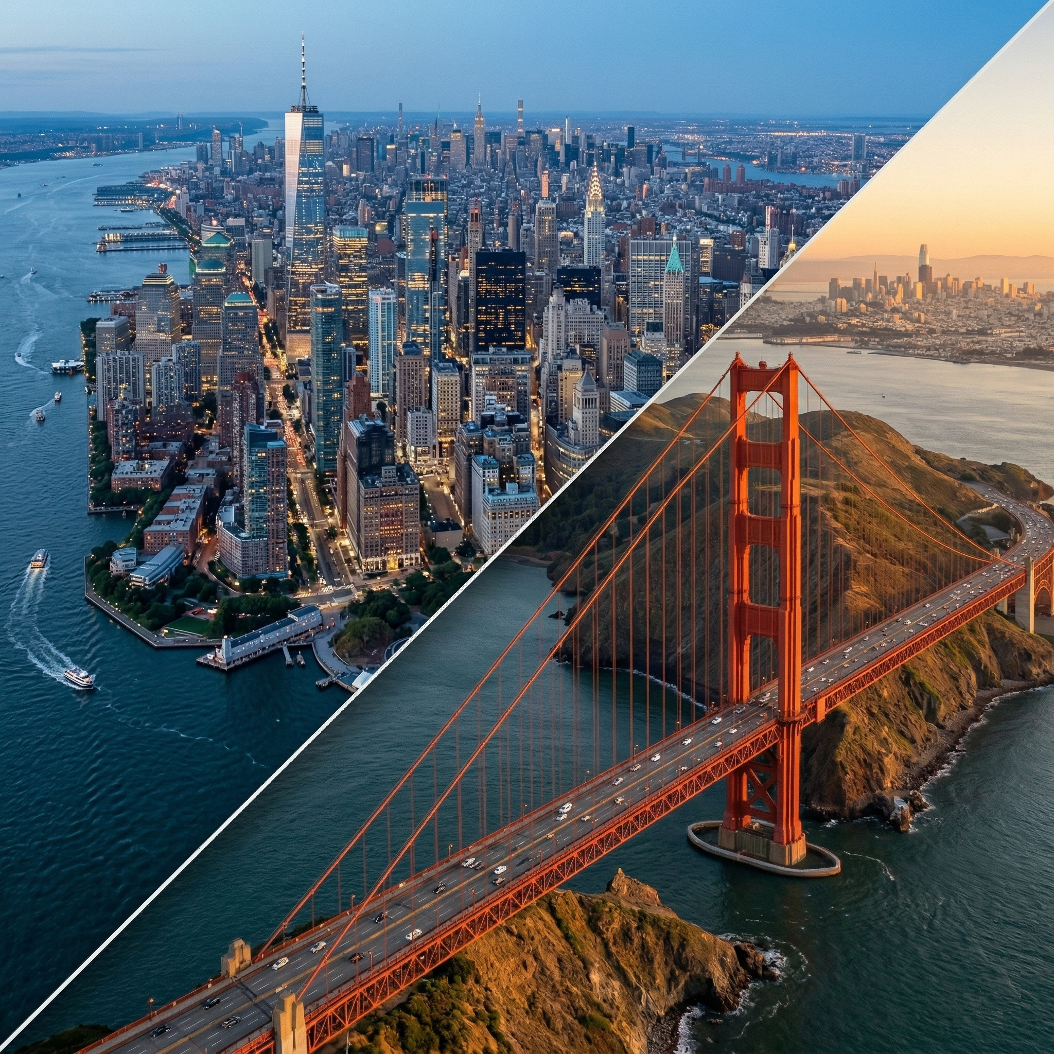 A split view of cityscapes showing downtown Manhattan in New York City on the left and the Golden Gate Bridge in San Francisco on the right.