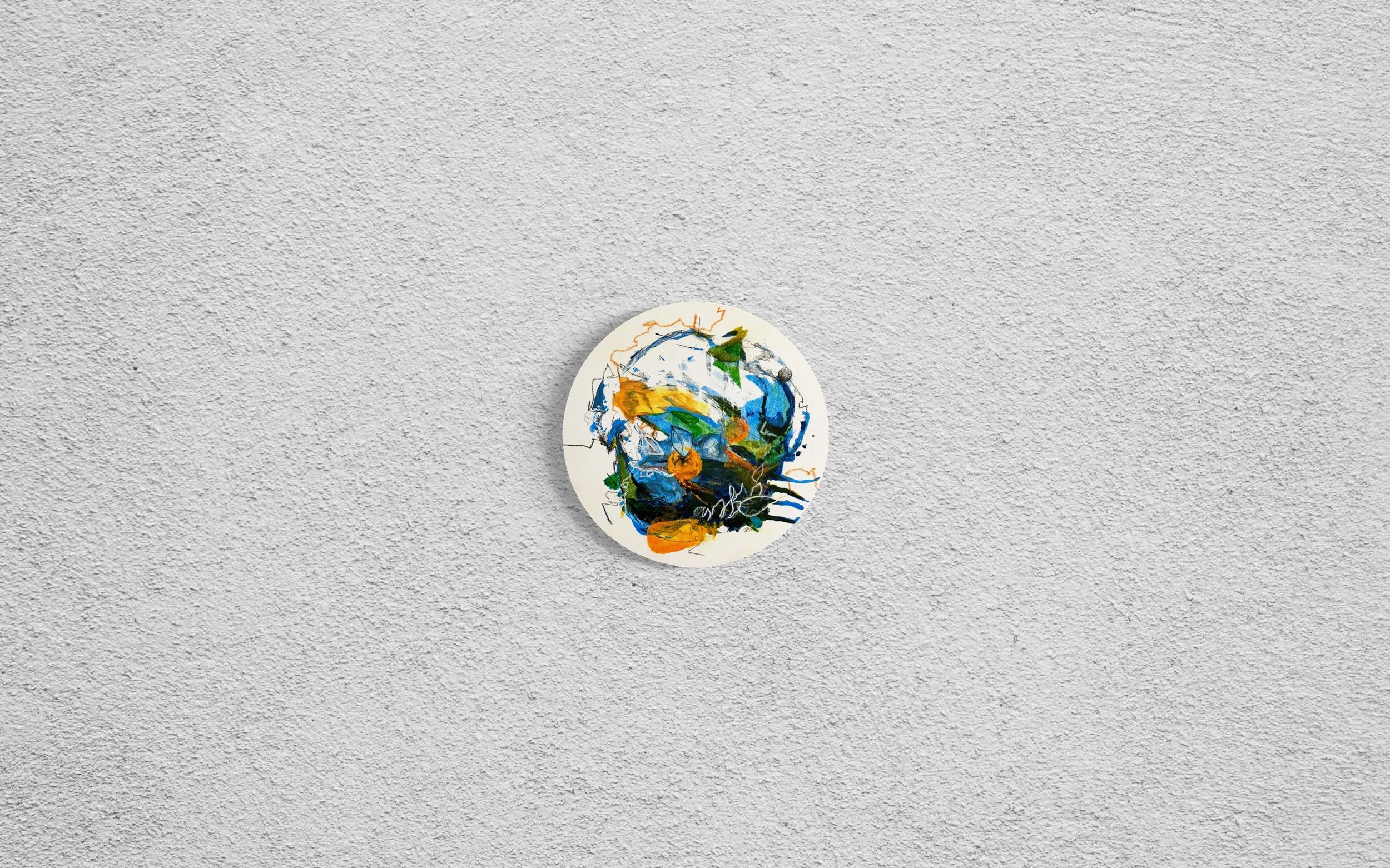  Naranjas sevillanas (Seville Oranges) 
 2025 • ACRYLIC, CHARCOAL, MIXED MEDIA • 12" ROUND CANVAS •  AVAILABLE FOR PURCHASE  