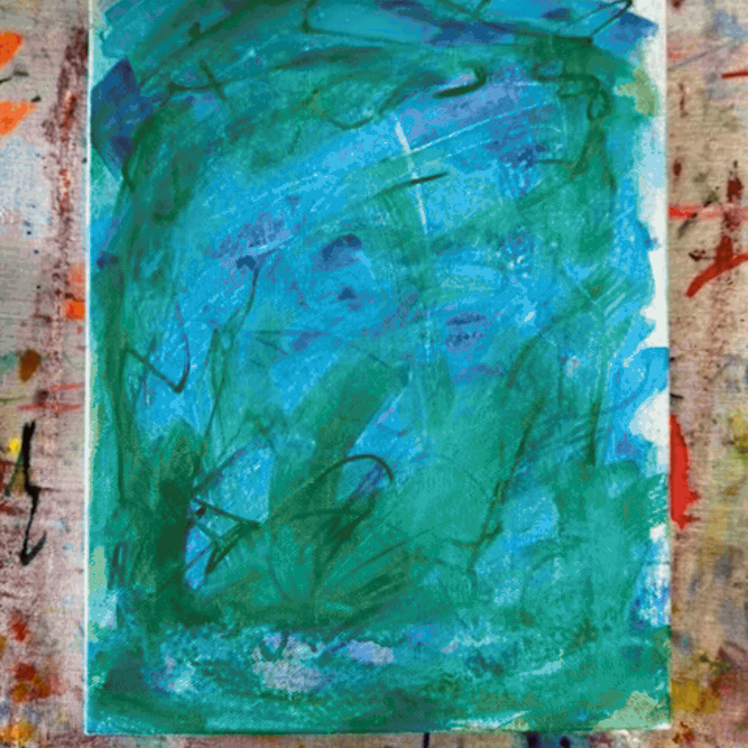 An animation showing a brightly colored abstract painting developing from messy layers into a final painting where organic shapes are cut out of the messy texture with white and black paints