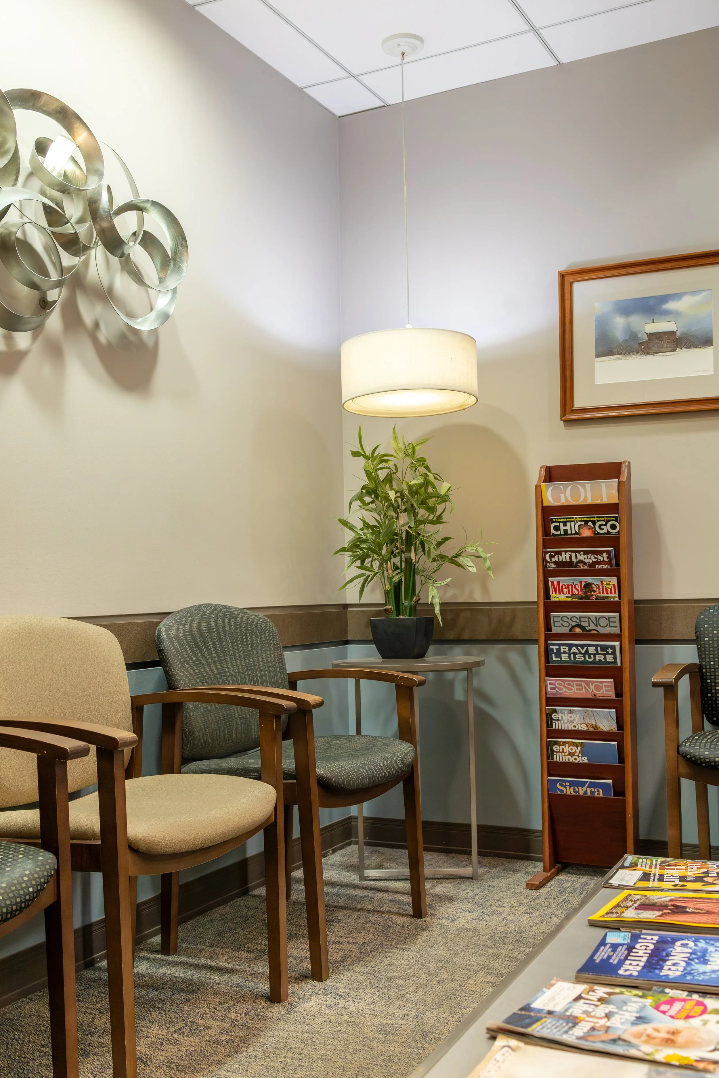 Dental office waiting room with plants, chairs, and a rack of magazines