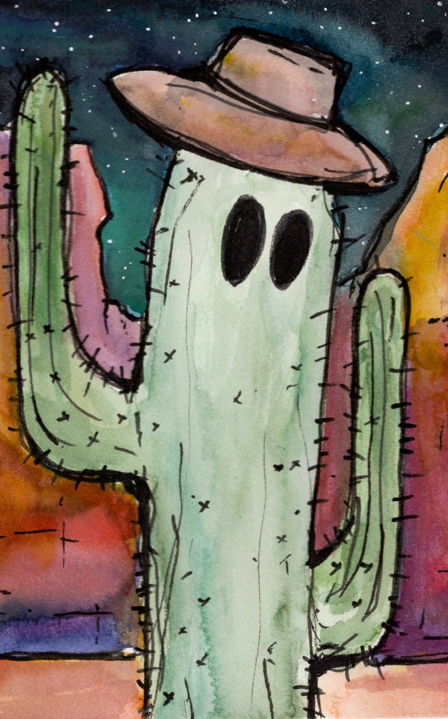 Watercolor illustration of a cartoon cactus wearing a cowboy hat in a desert landscape at night.
