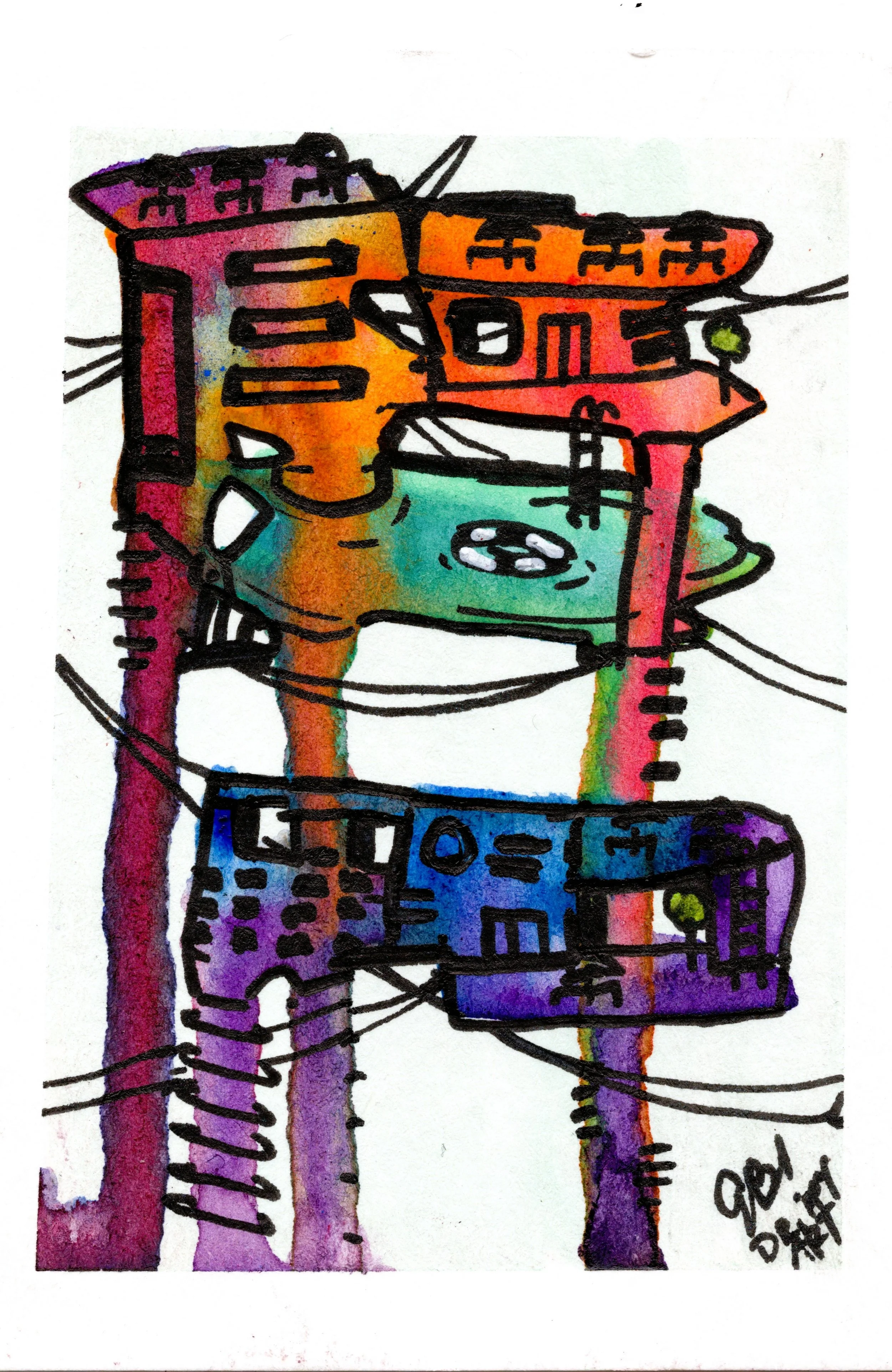 Colorful abstract drawing of electrical poles and wires, with vibrant watercolor splashes and bold black outlines.