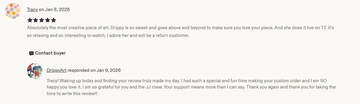 Screenshot of a 5-star review on an online platform for a custom art piece, expressing love and appreciation for the artwork and the artist.
