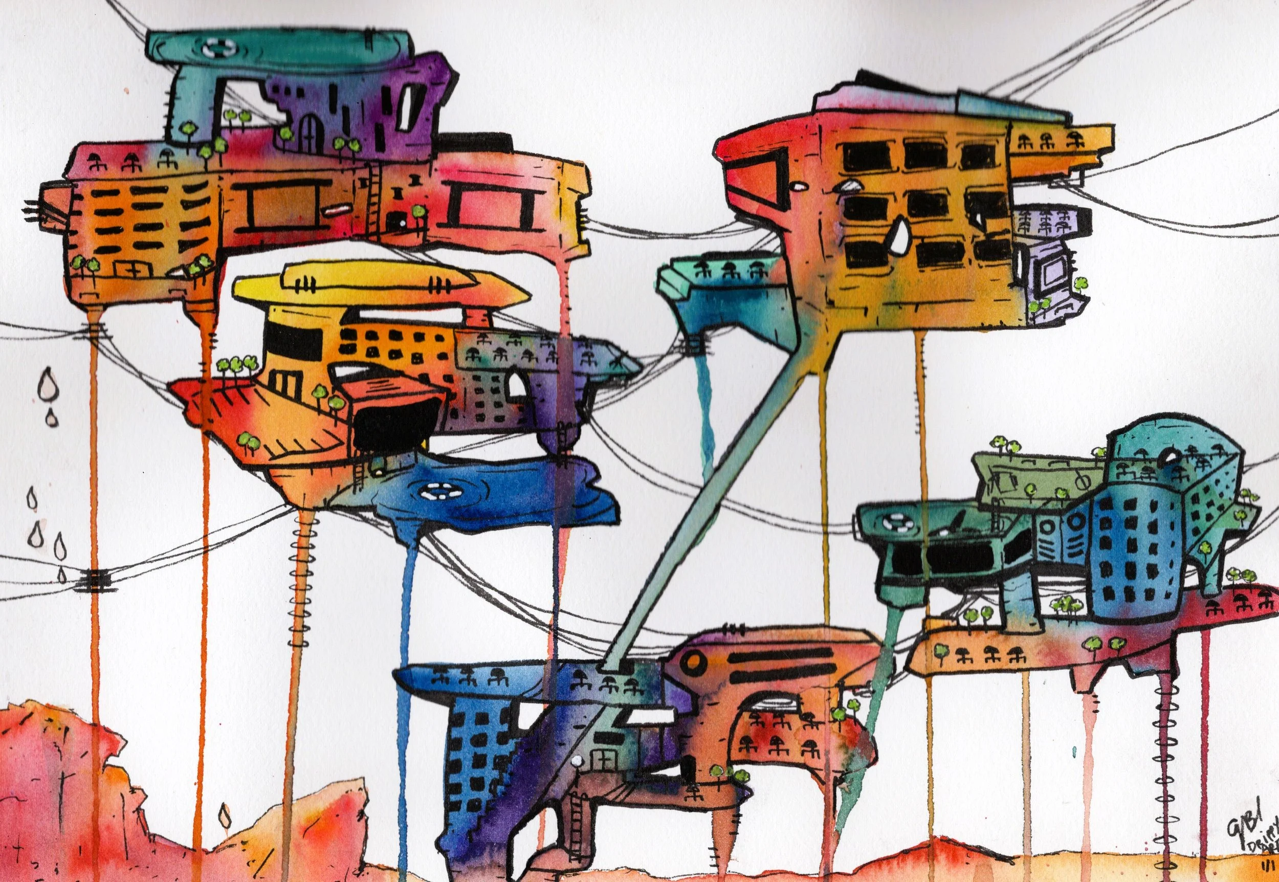 Colorful watercolor illustration of a futuristic city with tall, floating buildings connected by wires, some buildings have plants on their rooftops, with a mix of abstract and geometric shapes.