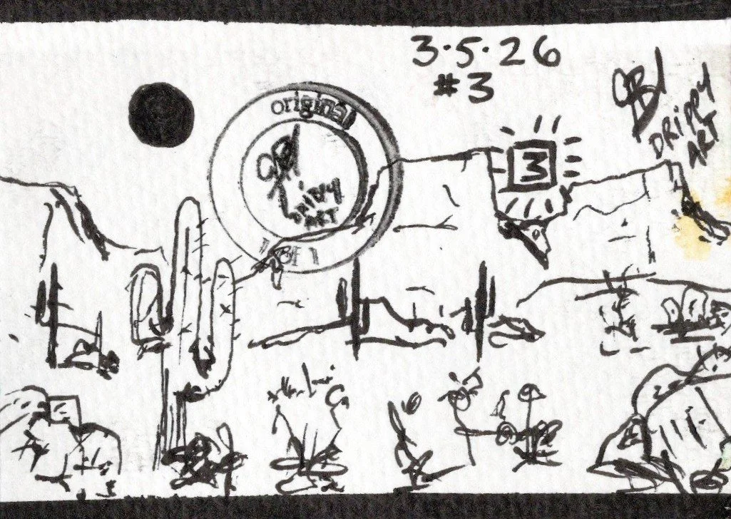 Sketched landscape with mountains, cacti, and various symbols and texts including a clock, a Roman numeral III, and notes such as '3.5.26' and '#3' on textured white paper.