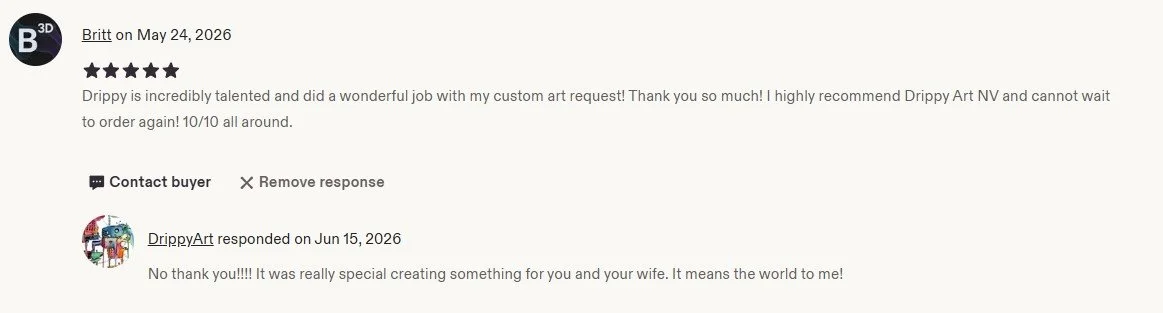 Customer review and response about custom artwork, praising the artist for their talent and service, with positive ratings and comments.