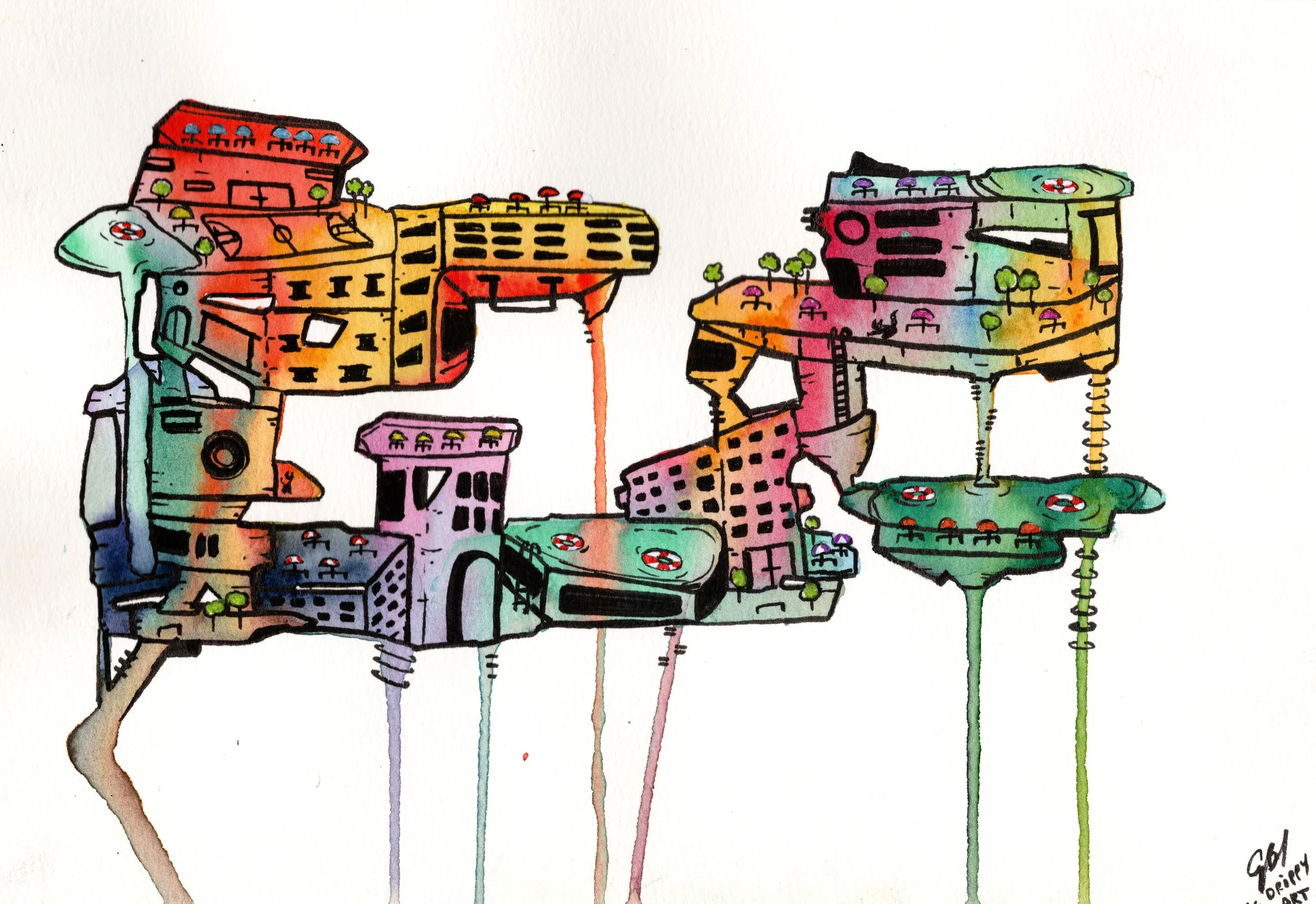 Colorful abstract drawing of floating futuristic cityscapes with buildings, trees, and life, connected by suspension bridges and pathways, with paint drips beneath.