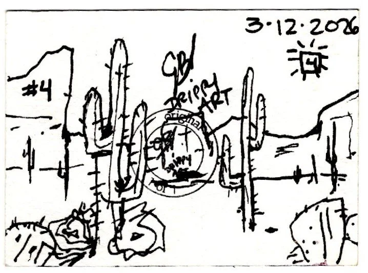 A black and white sketch featuring a desert landscape with tall cacti, mountains in the background, and the sun in the sky. The drawing includes handwritten text with a date (3-12-20), the number 4, and the words 'desert ART'.