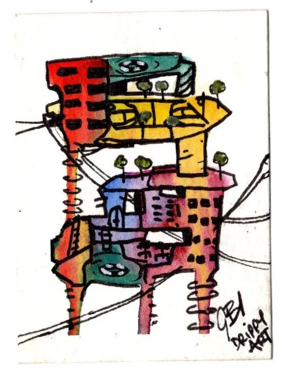 Colorful drawing of interconnected buildings with trees on balconies, in a whimsical style.