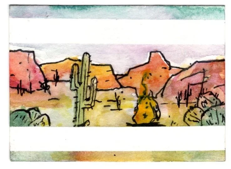Watercolor landscape of a desert scene with mountains, cacti, and sparse vegetation.