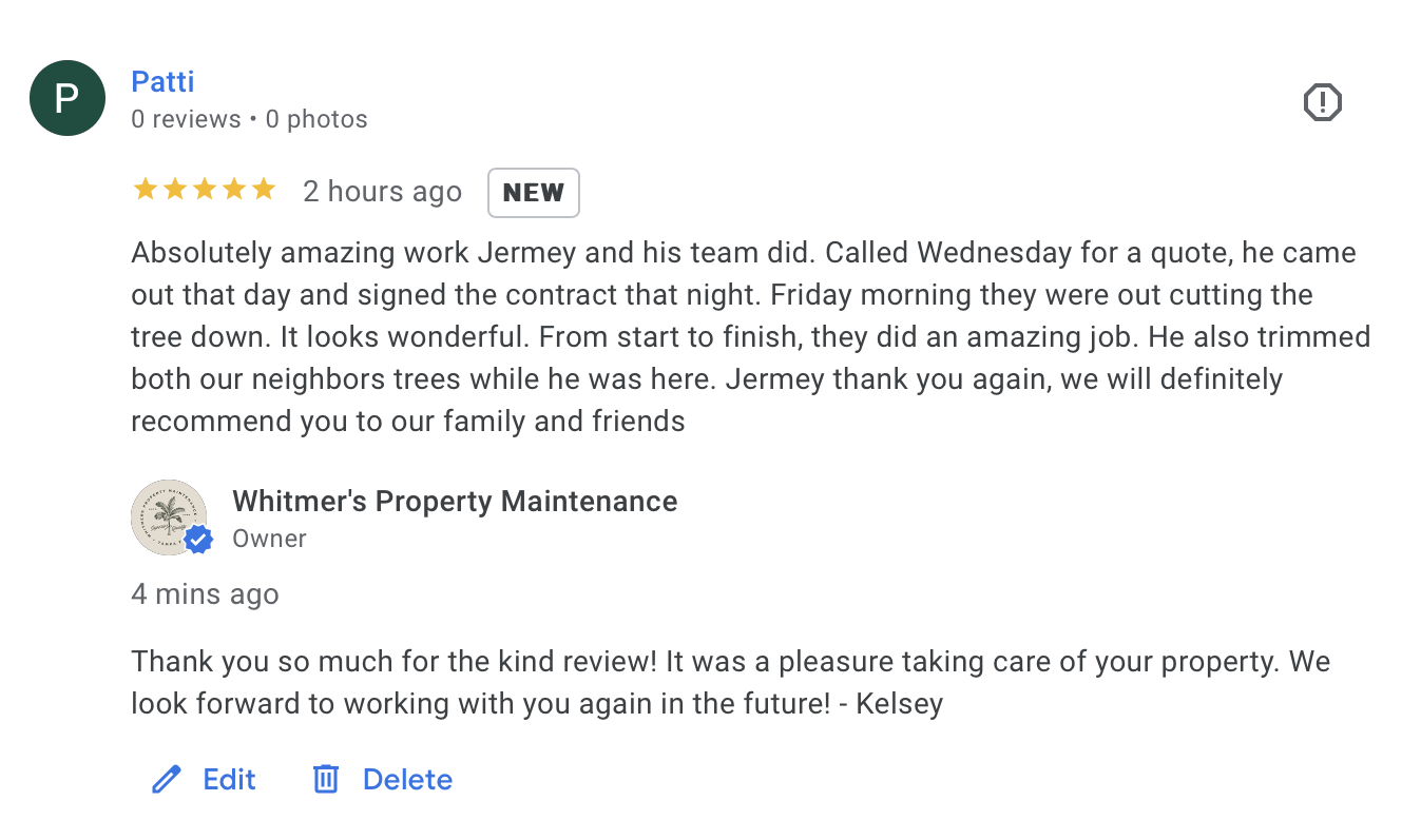 Review conversation between a customer and a property maintenance company, praising tree trimming work.