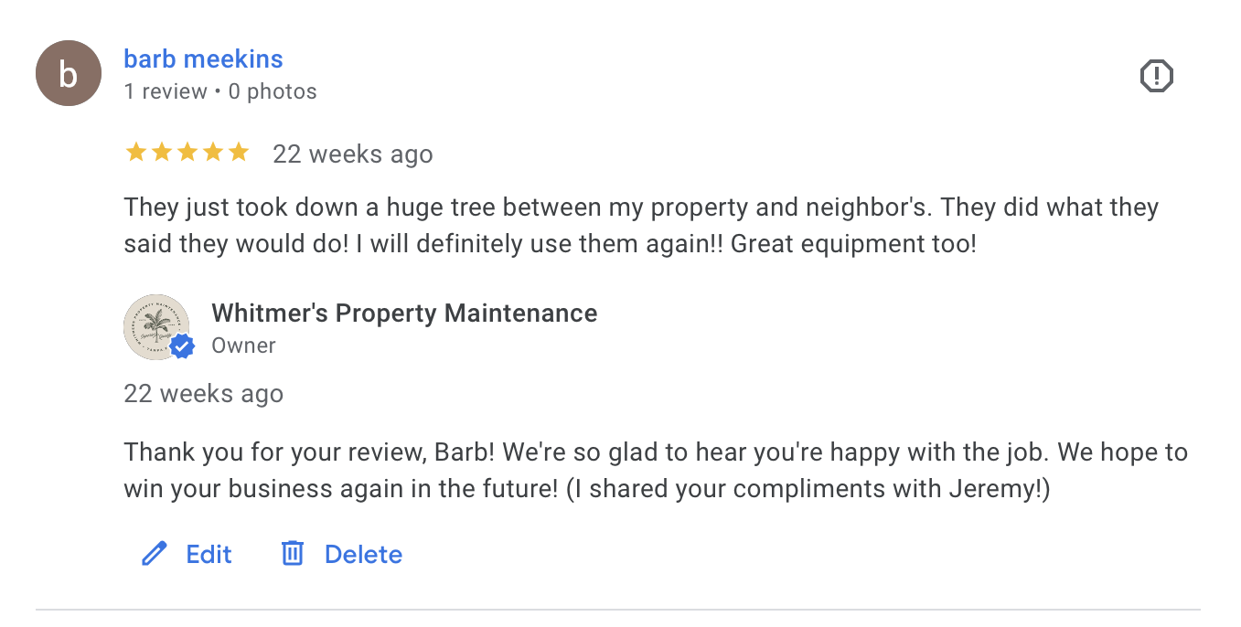 Screenshot of a Google review from Barb Meekins praising Whitmer's Property Maintenance for tree removal, with a five-star rating. The reply from the business owner thanks Barb for her review.