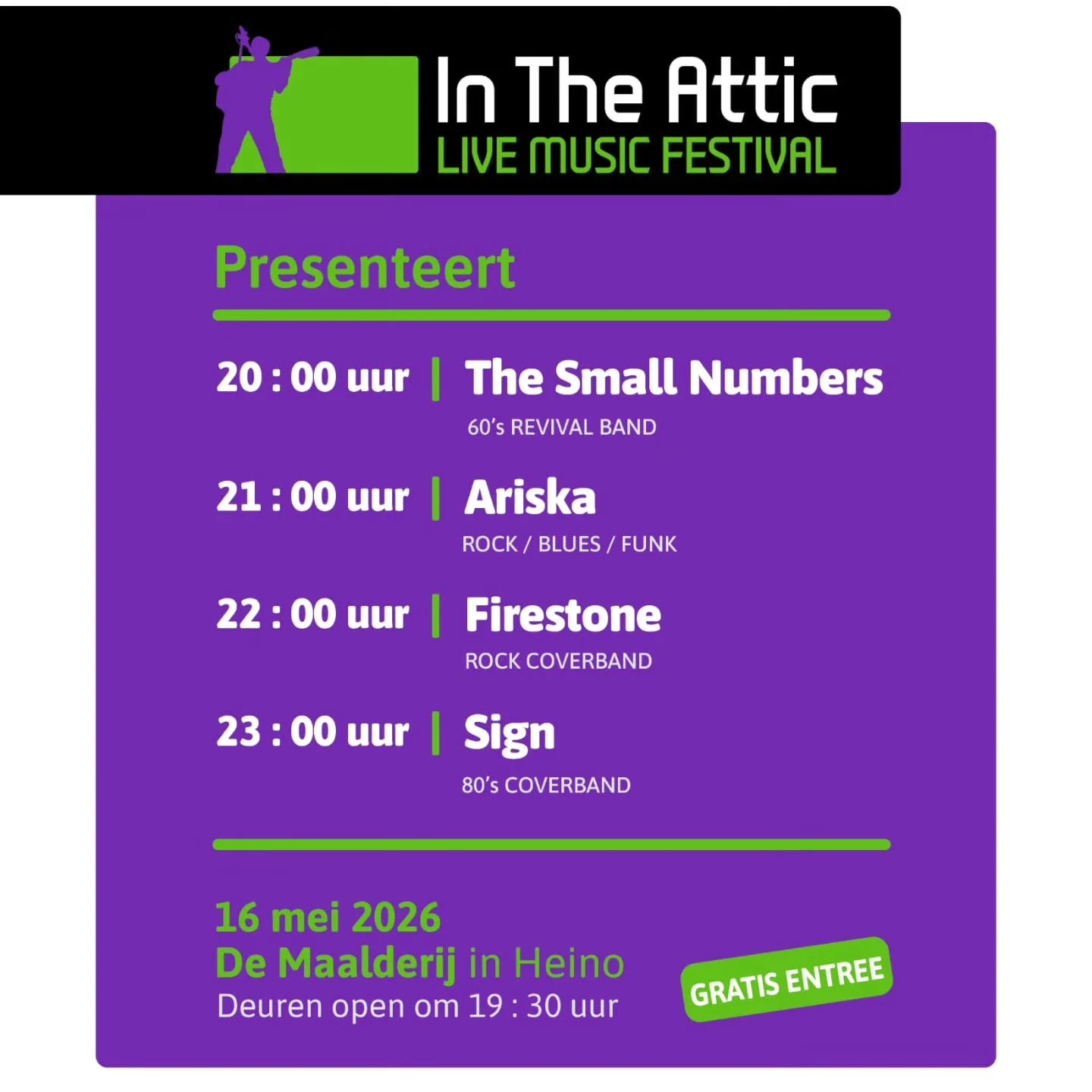 Jaja, we hebben de line-up weer rond.
Een avondje muziek. Gezelligheid.

16 mei. 
19.30

Maalderij, Heino
Zorg dat je er bij bent.
Gratis Entree