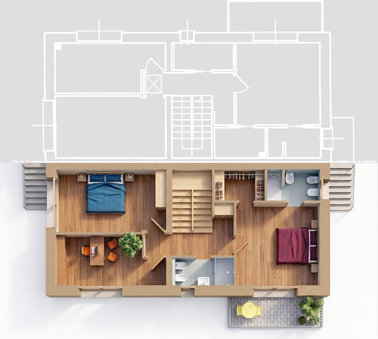 Piantina di un piano di casa sopra un rendering 3D di una stanza con due camere da letto, una con letto blu e l'altra con letto rosso. C'è un'area soggiorno con tavolo e sedie, due bagni, un disimpegno con armadi e una scala centrale.