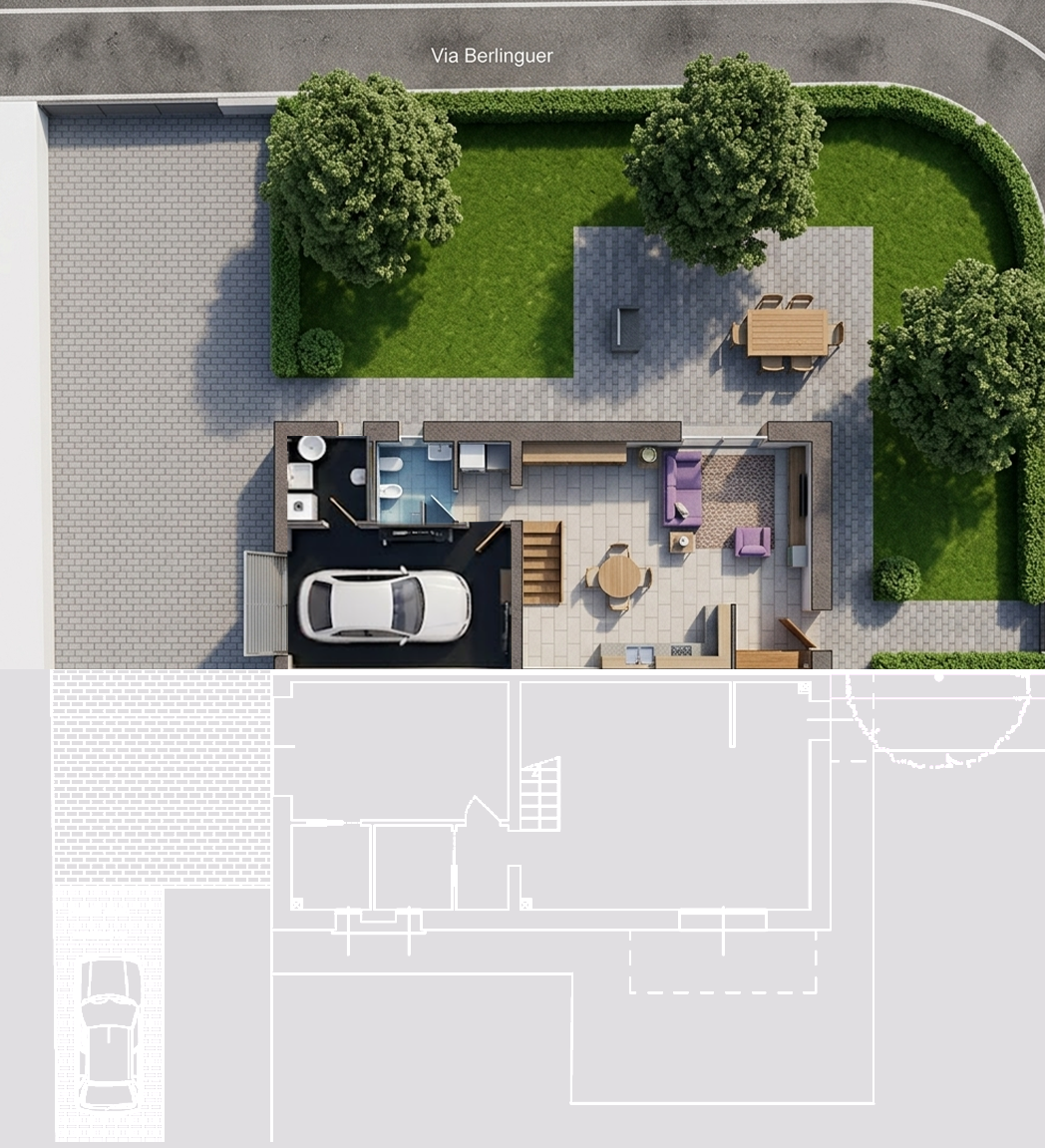Vista aerea di una casa con giardino, strada e altri elementi esterni, parzialmente sovrapposta a un disegno architettonico del piano.