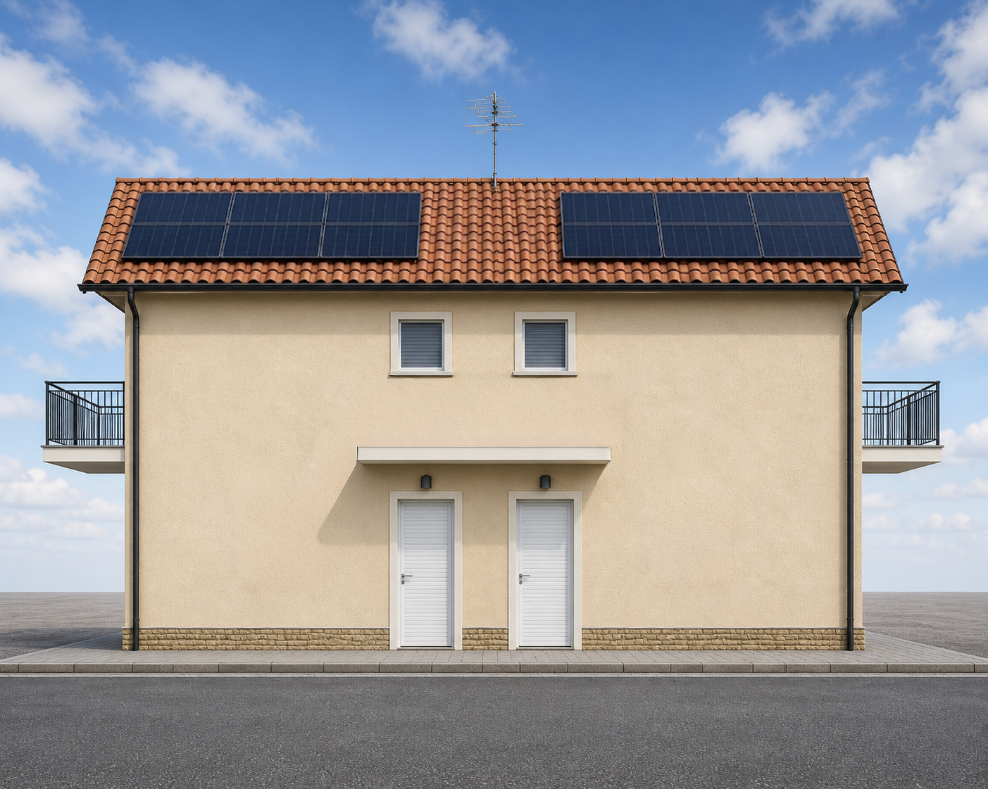 Casa di due piani con pareti beige, tetto in terracotta e pannelli solari, balconi ai lati, due porte sul fronte e due piccole finestre sul lato superiore, sotto un cielo sereno con nuvole
