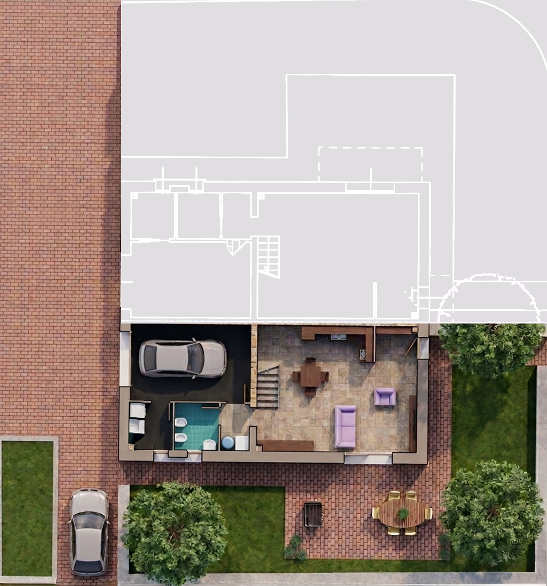 Vista dall'alto di una casa con annesso cortile, decorato con alberi, panchine e una zona pranzo con tavolo e sedie. La casa include un'area con soggiorno e cucina, un bagno, una zona di parcheggio e un garage.