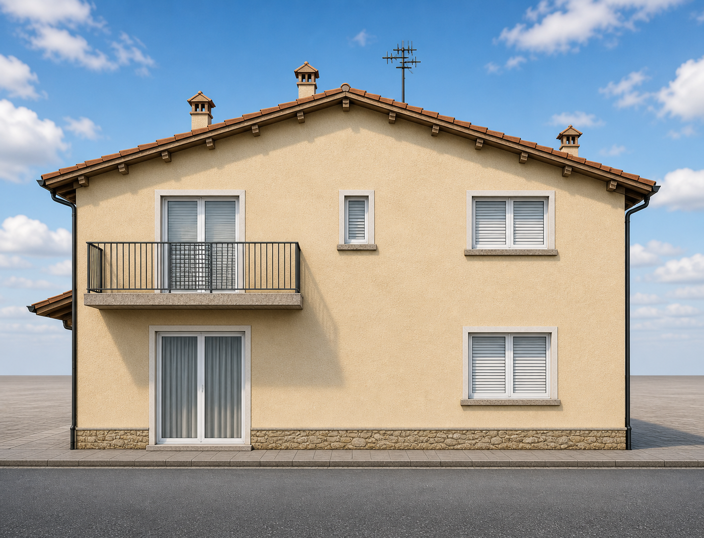 Edificio residenziale con pareti gialle, finestre con persiane bianche e un balcone.