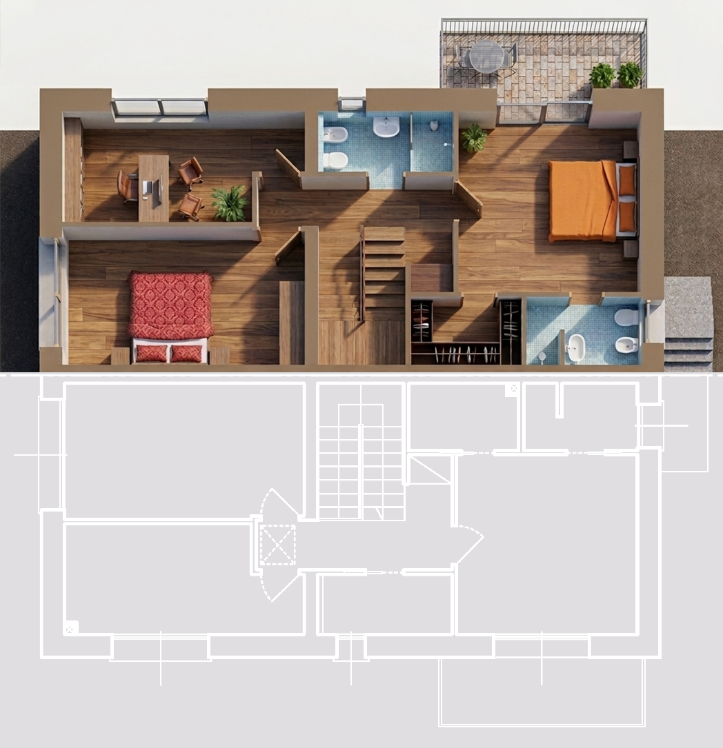Pianta di un appartamento con due camere da letto, un bagno, un soggiorno, una cucina e un terrazzo.