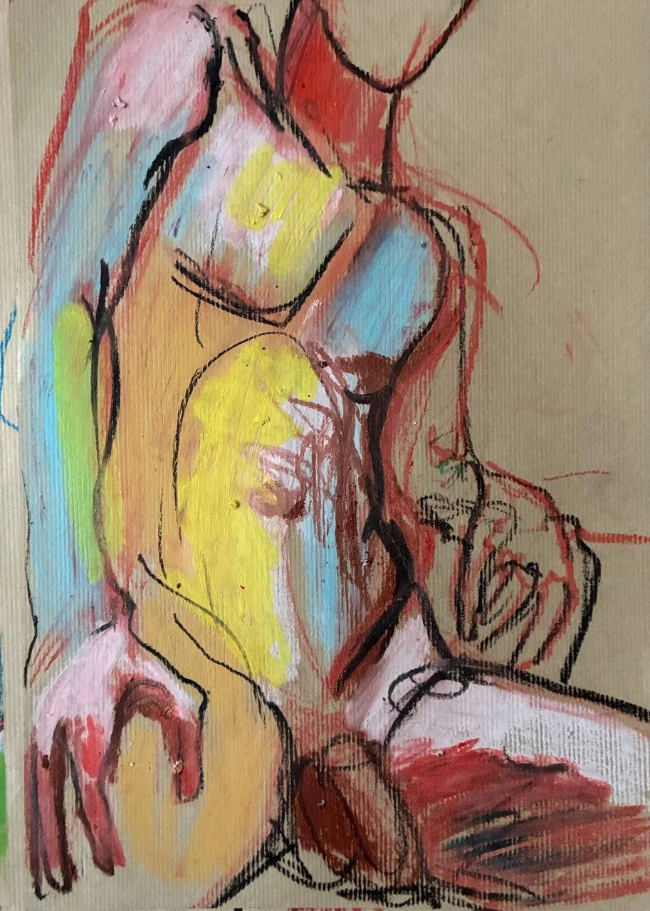 An abstract colorful drawing of a seated human figure with exaggerated limbs and torso, featuring bright colors like yellow, blue, pink, and red with black outline accents.