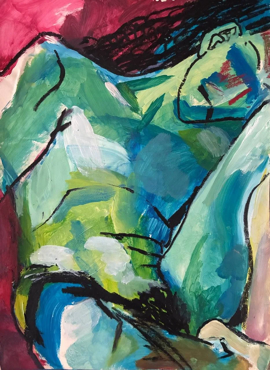 An abstract painting of a person lying down with arms crossed over chest, depicted in vibrant colors including green, blue, pink, and black bold outlines.
