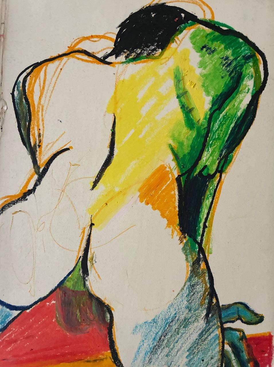 Colorful abstract drawing of a person with dark hair, with their back and shoulder exposed, depicted using bold, expressive brush strokes in green, yellow, orange, red, black, and blue.
