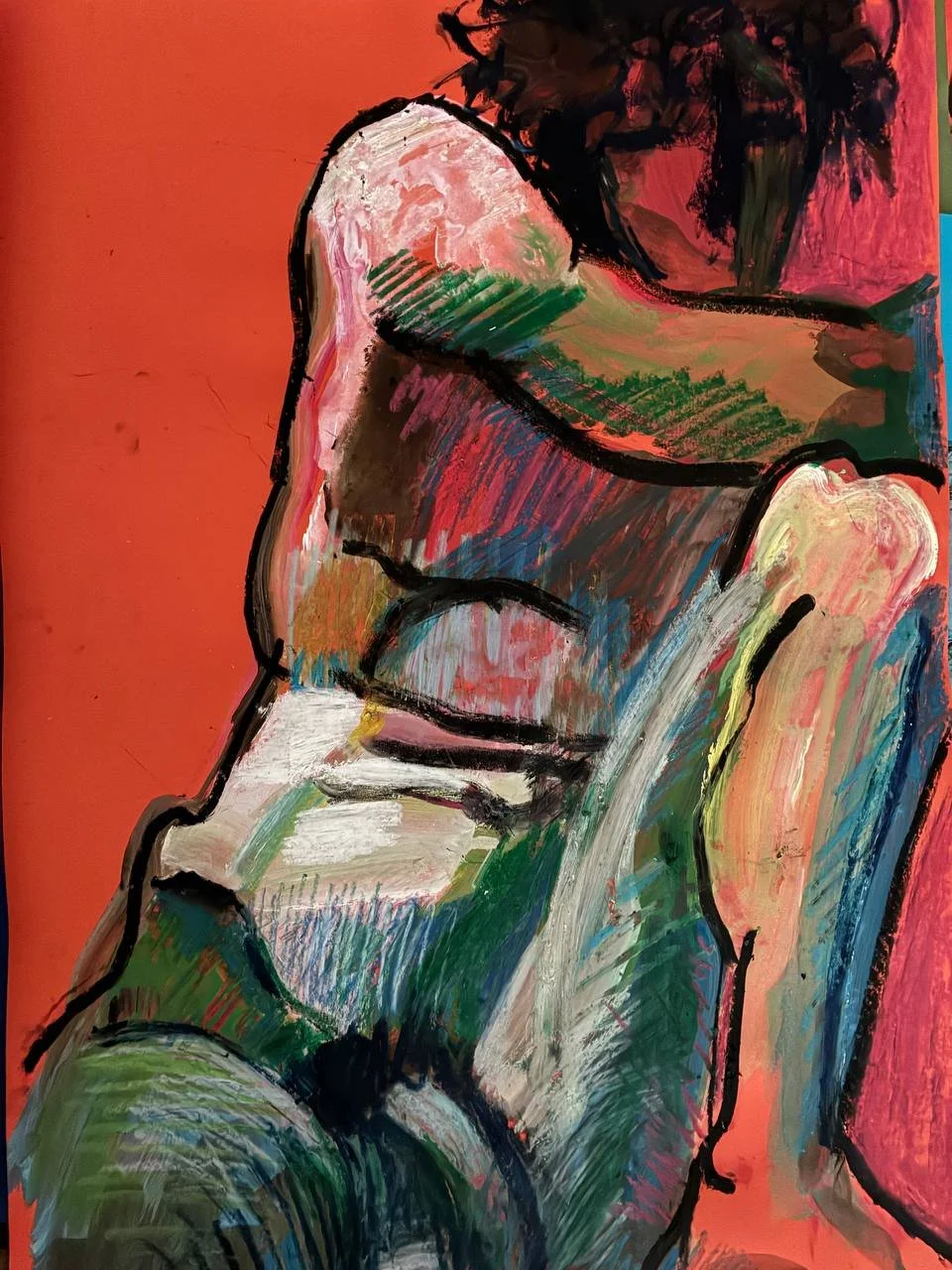 Abstract expressive painting of a seated man with a beard and glasses against a red background, using bold, colorful brushstrokes.