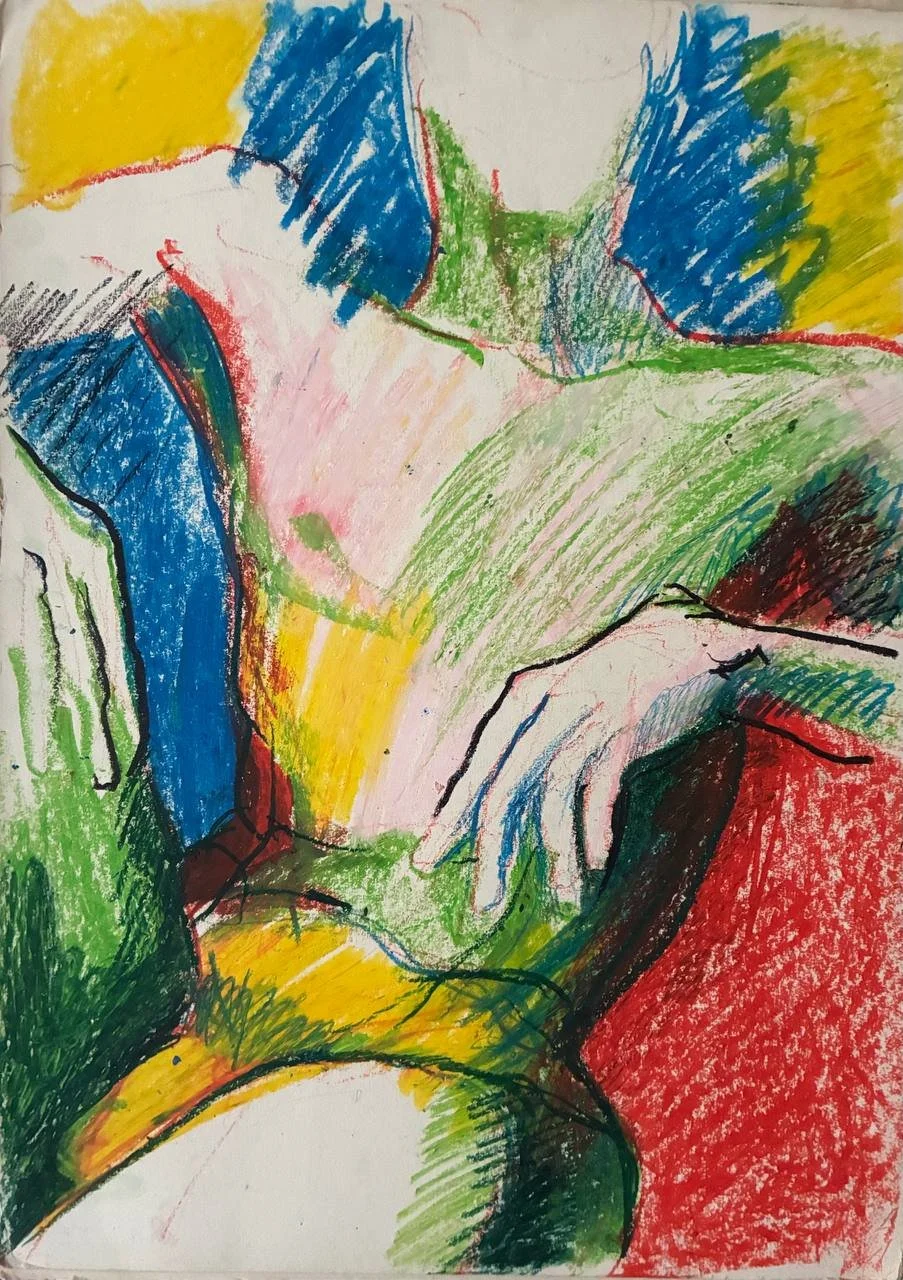 Colorful abstract drawing of a person’s hand resting on their knee, with vibrant sections of blue, yellow, green, red, and black crayon strokes.