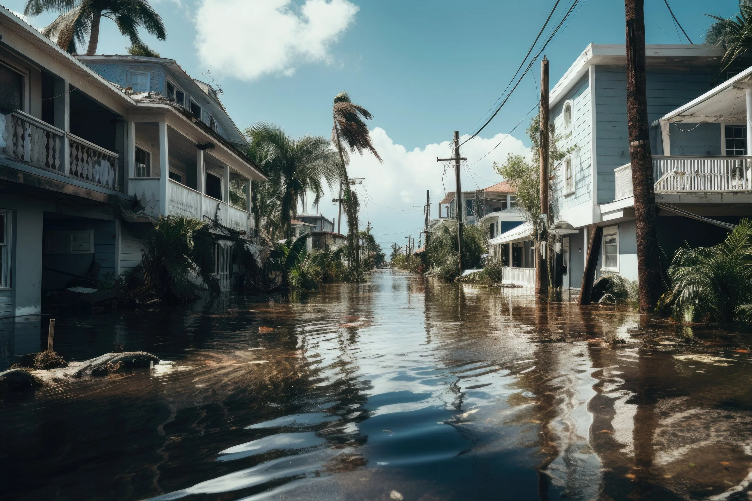 A flooded street with water reaching the lower levels of houses and utility poles, with debris floating in the water and trees bent by strong winds.