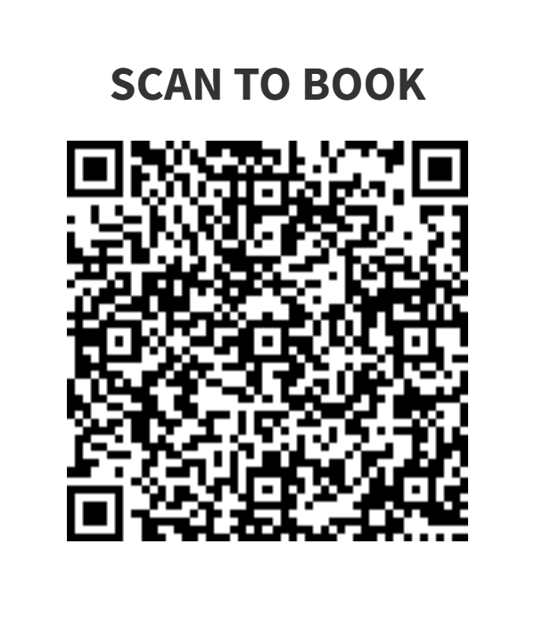 A QR code with the text "SCAN TO BOOK" above it.